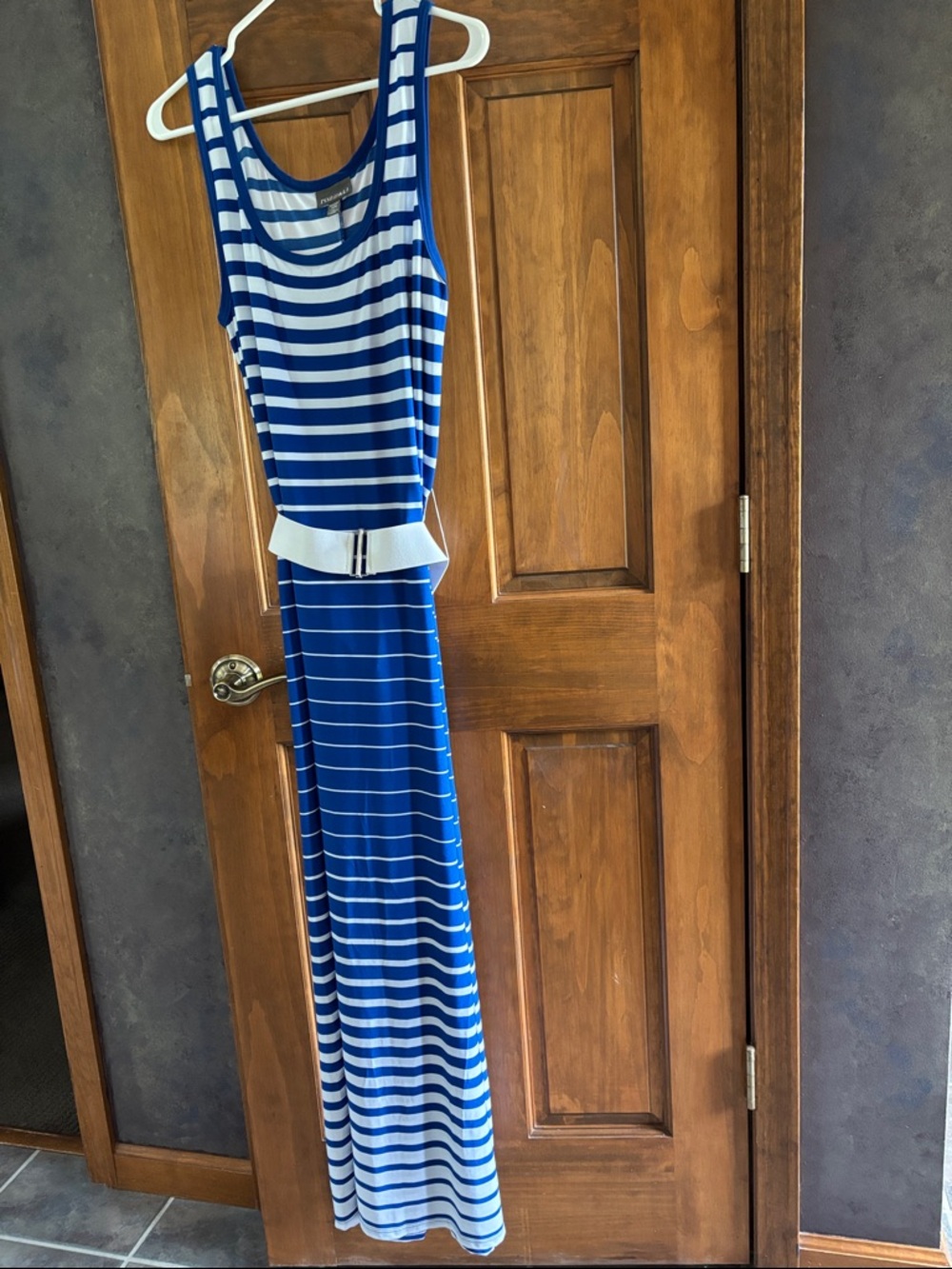 Roz & Ali Royal Blue and White Striped Sleeveless Maxi Dress with Belt